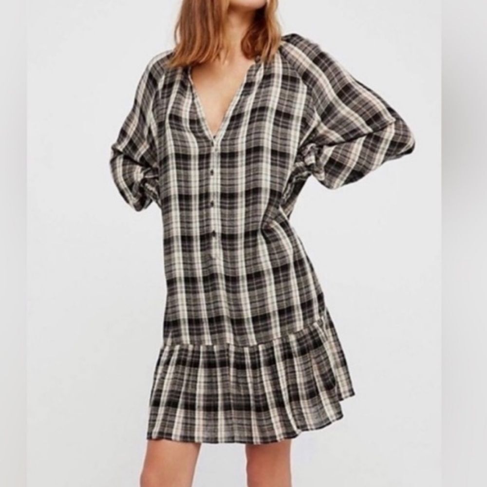 Free People Red Moon Plaid Mini Dress in a neutral combo color size XS